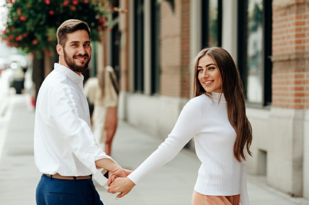 Couple walking - proud smirk